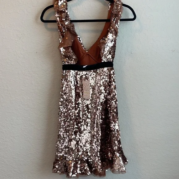 NWT Free People Tribeca Sequin Ruffle Brown Dress Velvet Bow Size 0 - Picture 8 of 11